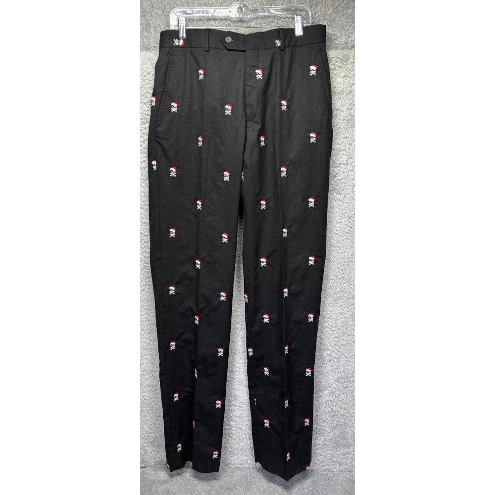 J McLaughlin Pants Mens 32x37 Gray Wool‎ Embroidered Scull Santa Raw Hem Xmas